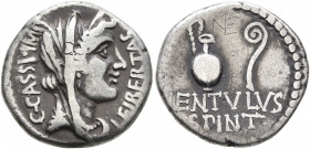 Q. Cassius Longinus, 55 BC. Denarius (Silver, 17 mm, 3.65 g, 7 h), with L. Cornelius Lentulus Spinther,, military mint moving with the army of Brutus ...