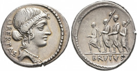 M. Junius Brutus, 54 BC. Denarius (Silver, 20 mm, 4.00 g, 3 h), Rome. LIBERTAS Head of Libertas to right, wearing pendant earring and necklace. Rev. B...
