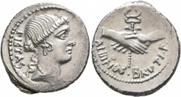 Albinus Bruti f, 48 BC. Denarius (Silver, 19 mm, 4.00 g, 6 h), Rome. PIETAS Head of Pietas to right. Rev. ALBINVS•BRVTI•F Two right hands clasped arou...