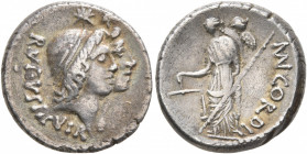Mn. Cordius Rufus, 46 BC. Denarius (Silver, 17 mm, 4.26 g, 6 h), Rome. RVFVS III VIR Jugate heads of the Dioscuri to right, wearing laureate pilei sur...
