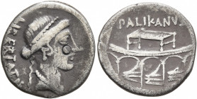Lollius Palicanus, 45 BC. Denarius (Silver, 18 mm, 3.65 g, 3 h), Rome. LIBERTATIS Head of Libertas to right, wearing diadem, pendant earring and pearl...