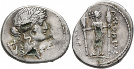 P. Clodius M.f. Turrinus, 42 BC. Denarius (Subaeratus, 19 mm, 2.67 g, 8 h), a contemporary plated imitation, irregular mint. Laureate head of Apollo t...