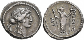 P. Clodius M.f. Turrinus, 42 BC. Denarius (Silver, 18 mm, 4.00 g, 7 h), Rome. Laureate head of Apollo to right; behind, lyre. Rev. P•CLODIVS M•F Diana...