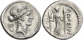 P. Clodius M.f. Turrinus, 42 BC. Denarius (Silver, 18 mm, 3.95 g, 6 h), Rome. Laureate head of Apollo to right; behind, lyre. Rev. P•CLODIVS M•F• Dian...
