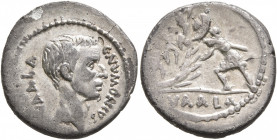 C. Numonius Vaala, 41 BC. Denarius (Silver, 18 mm, 3.56 g, 8 h), Rome. C•NVMONIVS - VAALA Bare head of Numonius Vaala to right. Rev. VAALA Soldier, ho...