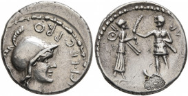 Cnaeus Pompey Jr, † 45 BC. Denarius (Silver, 18 mm, 3.75 g, 7 h), with Marcus Poblicius, legatus pro praetore, Corduba, 46-45. [M•POBL]ICI•LEG•PRO - P...