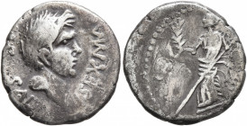 Sextus Pompey, † 35 BC. Denarius (Silver, 17 mm, 3.62 g, 12 h), uncertain Spanish mint, 45-44. SEX MAG PIVS IMP SAL Bare head of Pompey the Great righ...