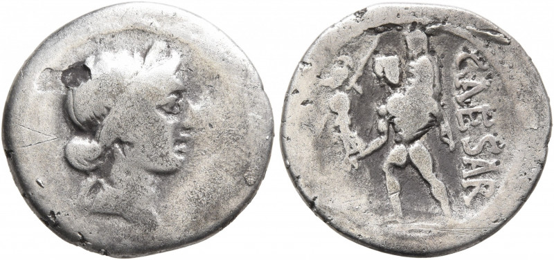 Julius Caesar, 49-44 BC. Denarius (Subaeratus, 19 mm, 3.38 g, 6 h), a contempora...