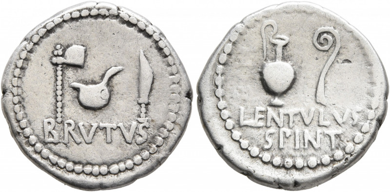 Brutus, † 42 BC. Denarius (Silver, 18 mm, 3.75 g, 12 h), with L. Cornelius Lentu...