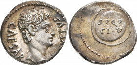Augustus, 27 BC-AD 14. Denarius (Silver, 18 mm, 3.82 g, 6 h), uncertain mint in Spain (Colonia Caesaraugusta?), circa 19-18 BC. CAESAR AVGVSTVS Bare h...