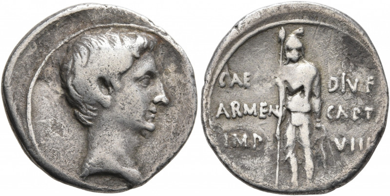 Augustus, 27 BC-AD 14. Denarius (Silver, 19 mm, 3.41 g, 1 h), Pergamum, circa 19...