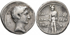 Augustus, 27 BC-AD 14. Denarius (Silver, 19 mm, 3.41 g, 1 h), Pergamum, circa 19-18 BC. Bare head of Augustus to right. Rev. CAESAR - DIV F / ARMEN - ...