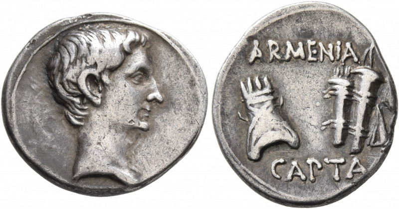 Augustus, 27 BC-AD 14. Denarius (Silver, 19 mm, 3.54 g, 9 h), Pergamum, circa 19...