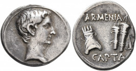 Augustus, 27 BC-AD 14. Denarius (Silver, 19 mm, 3.54 g, 9 h), Pergamum, circa 19-18. Bare head of Augustus to right. Rev. ARMENIA / CAPTA Armenian tia...