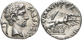 Augustus, 27 BC-AD 14. Denarius (Silver, 17 mm, 3.95 g, 8 h), C. Marius C F Tro, moneyer, Rome, 13 BC. AVGVSTVS Bare head of Augustus to right; behind...