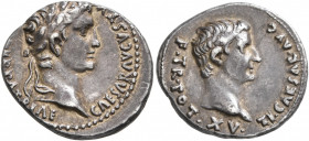 Augustus, with Tiberius as Caesar, 27 BC-AD 14. Denarius (Silver, 18 mm, 3.80 g, 5 h), Lugdunum, circa 13-14. CAESAR AVGVSTV[S DIVI F PA]TER PATRIAE L...