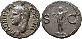 Agrippa, died 12 BC. As (Orichalcum, 28 mm, 10.80 g, 6 h), Rome, struck under Caligula, 37-41. M•AGRIPPA•L•F•COS•III Head of Agrippa to left, wearing ...