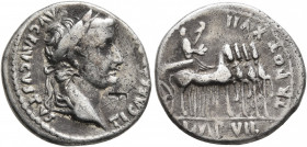 Tiberius, 14-37. Denarius (Silver, 18 mm, 3.61 g, 5 h), Lugdunum, 15-16. TI CAESAR [DIVI] AVG F AVGVSTVS Laureate head of Tiberius to right. Rev. TR P...