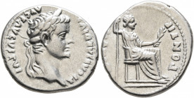 Tiberius, 14-37. Denarius (Silver, 18 mm, 3.71 g, 8 h), Lugdunum, 15-18. TI CAESAR DIVI AVG F AVGVSTVS Laureate head of Tiberius to right. Rev. PONTIF...
