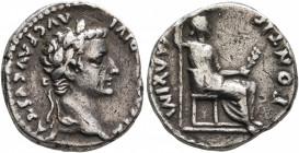 Tiberius, 14-37. Denarius (Silver, 16 mm, 3.71 g, 4 h), Lugdunum. TI CAESAR DIVI AVG F AVGVSTVS Laureate head of Tiberius to right. Rev. PONTIF MAXIM ...