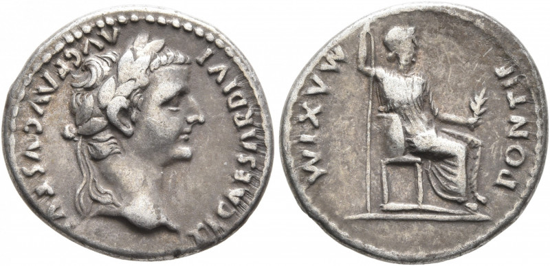 Tiberius, 14-37. Denarius (Silver, 18 mm, 3.71 g, 6 h), Lugdunum. TI CAESAR DIVI...