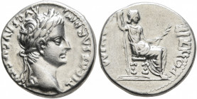 Tiberius, 14-37. Denarius (Silver, 17 mm, 3.80 g, 3 h), Lugdunum, 15-18. TI CAESAR DIVI AVG F AVGVSTVS Laureate head of Tiberius to right. Rev. PONTIF...