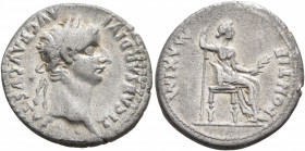 Tiberius, 14-37. Denarius (Silver, 18 mm, 3.58 g, 7 h), Lugdunum. TI CAESAR DIVI AVG F AVGVSTVS Laureate head of Tiberius to right. Rev. PONTIF MAXIM ...