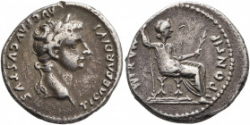 Tiberius, 14-37. Denarius (Silver, 18 mm, 3.70 g, 3 h), Lugdunum. TI CAESAR DIVI AVG F AVGVSTVS Laureate head of Tiberius to right. Rev. PONTIF MAXIM ...