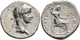 Tiberius, 14-37. Denarius (Silver, 19 mm, 3.71 g, 9 h), Lugdunum, 18-35. [TI CAESAR DIVI] AVG F AVGVSTVS Laureate head of Tiberius to right. Rev. PONT...