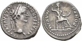 Tiberius, 14-37. Denarius (Silver, 18 mm, 3.55 g, 3 h), Lugdunum. TI CAESAR DIVI AVG F AVGVSTVS Laureate head of Tiberius to right. Rev. PONTIF MAXIM ...