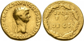 Claudius, 41-54. Aureus (Gold, 18 mm, 7.74 g, 12 h), Lugdunum, 51-52. TI CLAVD CAESAR•AVG•P•M•TR•P•XI•IMP•P•P•COS V Laureate head of Claudius to right...