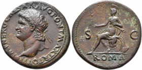 Nero, 54-68. Sestertius (Orichalcum, 33 mm, 24.71 g, 6 h), Lugdunum, 66. IMP NERO CAESAR AVG PONT MAX TR POT P P Laureate head of Nero to left; globe ...