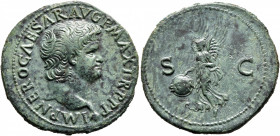 Nero, AD 54-68. As (Copper, 30 mm, 11.31 g, 6 h), Lugdunum, circa 66. IMP NERO CAESAR AVG P MAX TR P P P Bare head of Nero to right, globe at point of...