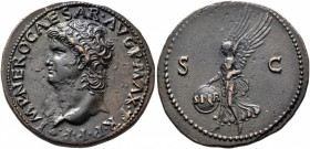 Nero, 54-68. As (Copper, 29 mm, 11.27 g, 6 h), Lugdunum, 66-68. IMP•NERO•CAESAR•AVG•P•MAX•TR•P•P•P• Bare head of Nero to left, globe at point of bust....