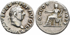 Vitellius, 69. Denarius (Silver, 18 mm, 3.29 g, 5 h), Rome, late April-20 December 69. A VITELLIVS GERM IMP AVG TR P Laureate head of Vitellius to rig...