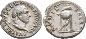 Vitellius, 69. Denarius (Silver, 19 mm, 3.26 g, 6 h), Rome, late April-20 December 69. A VITELLIVS GERM IMP AVG TR P Laureate head of Vitellius to rig...