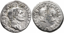 Vespasian, 69-79. Denarius (Silver, 17 mm, 3.32 g, 7 h), Rome, 70. IMP CAESAR VESPASIANVS AVG Laureate head of Vespasian to right. Rev. CAESAR AVG F C...