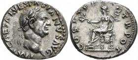 Vespasian, 69-79. Denarius (Silver, 18 mm, 3.40 g, 6 h), Rome, 70. IMP CAESAR VESPASIANVS AVG Laureate head of Vespasian to right. Rev. COS ITER TR PO...