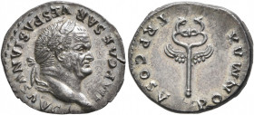 Vespasian, 69-79. Denarius (Silver, 19 mm, 3.26 g, 6 h), Rome, 74. IMP CAESAR VESPASIANVS AVG Laureate head of Vespasian to right. Rev. PON MAX TR P C...