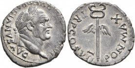 Vespasian, 69-79. Denarius (Silver, 19 mm, 3.19 g, 7 h), uncertain mint (Ephesus?), 76. IMP CAESAR VESPASIANVS AVG Laureate head of Vespasian to right...