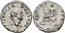 Titus, 79-81. Denarius (Silver, 19 mm, 3.19 g, 7 h), Rome, 77-78. T CAESAR VESPASIANVS Laureate head of Vespasian to right. Rev. ANNONA AVG Annona sea...