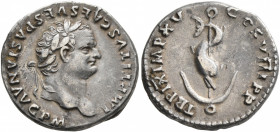 Titus, 79-81. Denarius (Silver, 18 mm, 3.41 g, 6 h), Rome, 80. IMP TITVS CAES VESPASIAN AVG P M Laureate head of Titus to right. Rev. TR P IX IMP XV C...