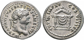 Titus, 79-81. Denarius (Silver, 19 mm, 3.24 g, 6 h), Rome, 80. IMP TITVS CAES VESPASIAN AVG P M Laureate head of Titus to right. Rev. TR P IX IMP XV C...