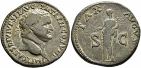 Titus, 79-81. Sestertius (Orichalcum, 35 mm, 25.93 g, 7 h), uncertain mint (in Thrace?), 80-81. IMP T CAES DIVI VESP F AVG P M TR P P P COS VIII Laure...