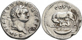 Domitian, as Caesar, 69-81. Denarius (Silver, 19 mm, 3.40 g, 6 h), Rome, 77-78. CAESAR AVG F DOMITIANVS Laureate head of Domitian to right. Rev. COS V...