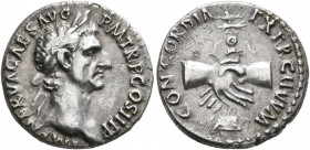 Nerva, 96-98. Denarius (Silver, 17 mm, 3.52 g, 6 h), Rome, 96. IMP NERVA CAES AVG P M TR P COS II P P Laureate head of Nerva to right. Rev. CONCORDIA ...