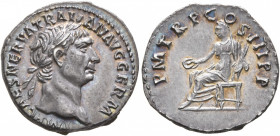 Trajan, 98-117. Denarius (Silver, 18 mm, 3.17 g, 7 h), Rome, 100. IMP CAES NERVA TRAIAN AVG GERM Laureate head of Trajan to right. Rev. P M TR P COS I...