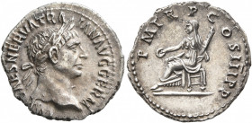 Trajan, 98-117. Denarius (Silver, 19 mm, 3.39 g, 5 h), Rome, 100. IMP CAES NERVA TRAIAN AVG GERM Laureate head of Trajan to right. Rev. P M TR P COS I...