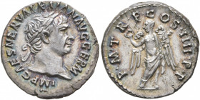 Trajan, 98-117. Denarius (Silver, 18 mm, 3.28 g, 6 h), Rome, 102. IMP CAES NERVA TRAIAN AVG GERM P M Laureate bust of Trajan to right, slight drapery ...