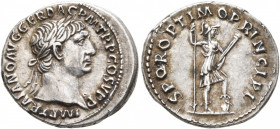 Trajan, 98-117. Denarius (Silver, 19 mm, 3.49 g, 6 h), Rome, circa 103-107. IMP TRAIANO AVG GER DAC P M TR P COS V P P Laureate head of Trajan to righ...